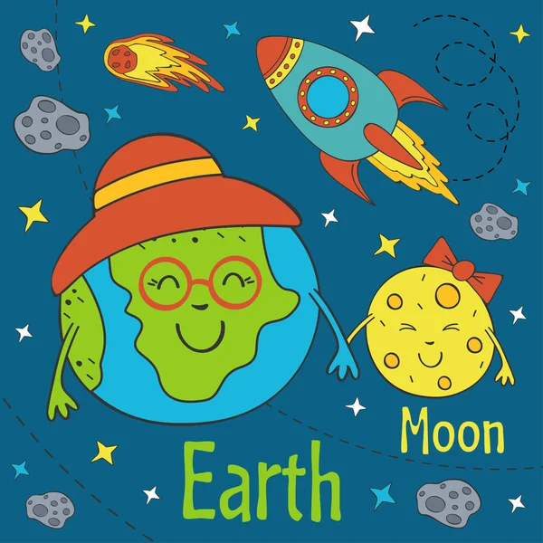 Dessin Animé Drôle Terre Avec Lune Illustration Vectorielle Eps — Image vectorielle