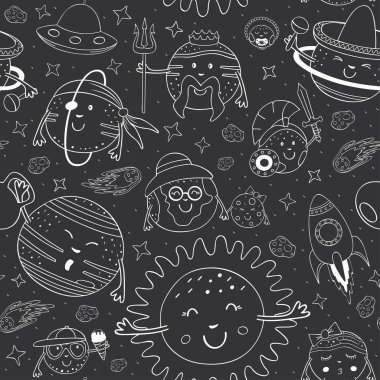 siyah beyaz çizgi film güneş sistemi - vektör çizim, eps ile Seamless Modeli