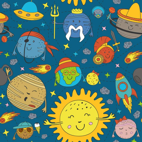 Patrón Sin Costuras Con Dibujos Animados Divertido Sistema Solar Ilustración — Vector de stock