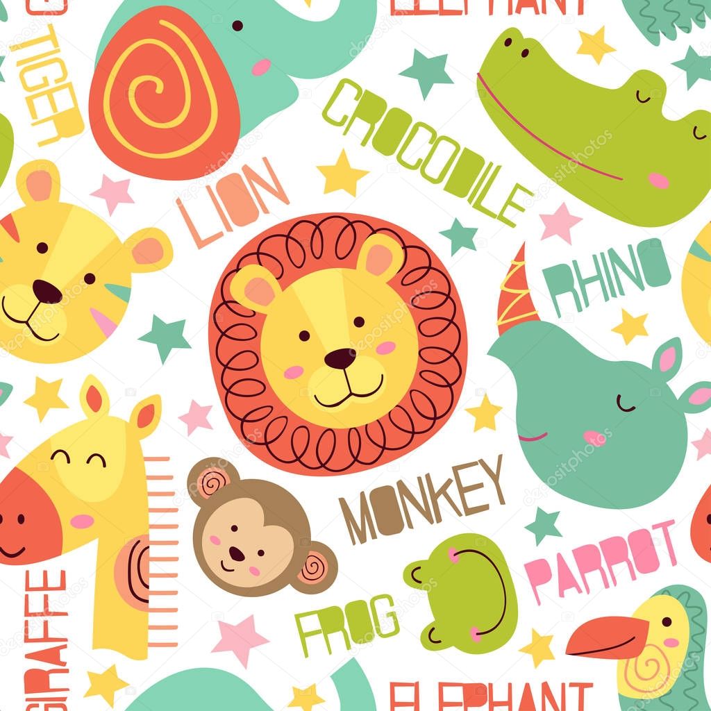 seamless pattern with heads of jungle animals - vector illustration, eps