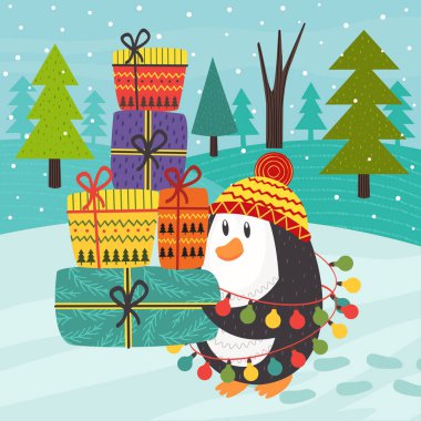 Penguen birçok hediyeler - vektör çizim, eps taşır