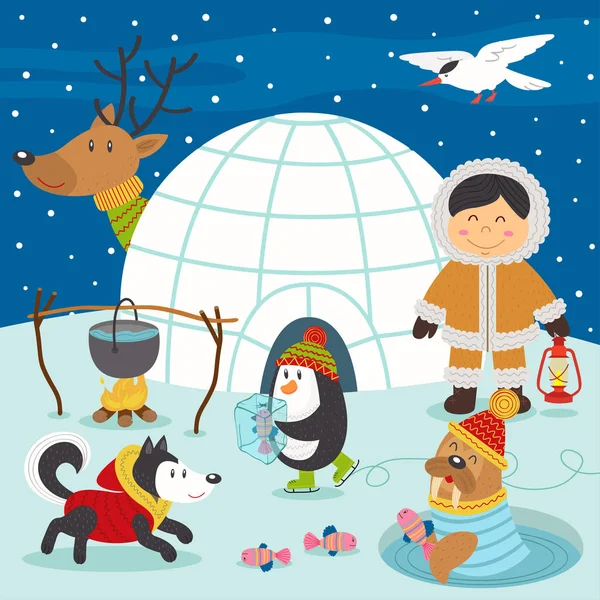 Eskimo Boy Und Arktische Tiere Nordpol Vektorillustration Eps — Stockvektor