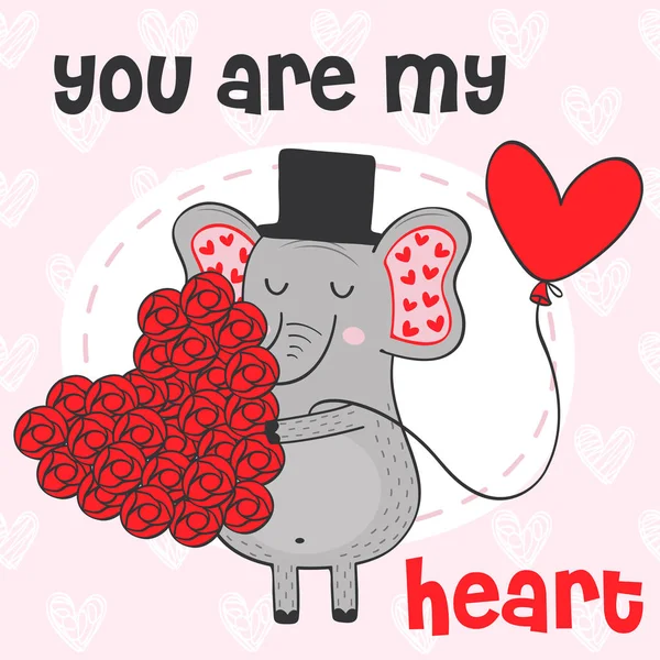 Elefante San Valentín Con Corazón Flores Ilustración Vectorial Eps — Vector de stock