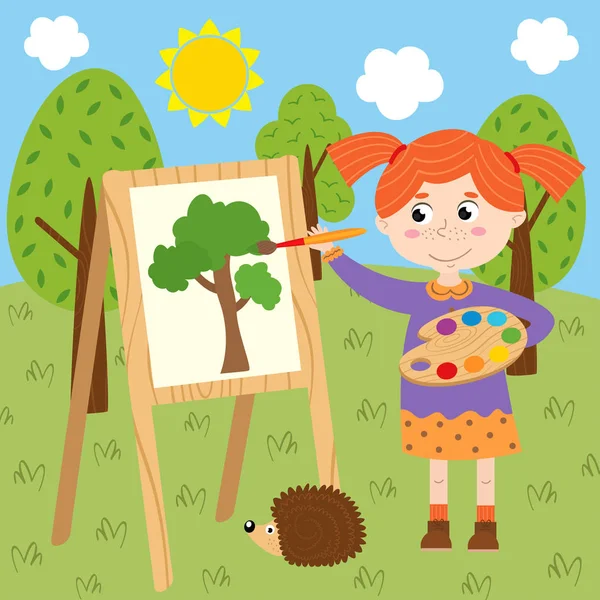 Dívka Čerpá Plátně Lese Vektorové Ilustrace Eps — Stockový vektor