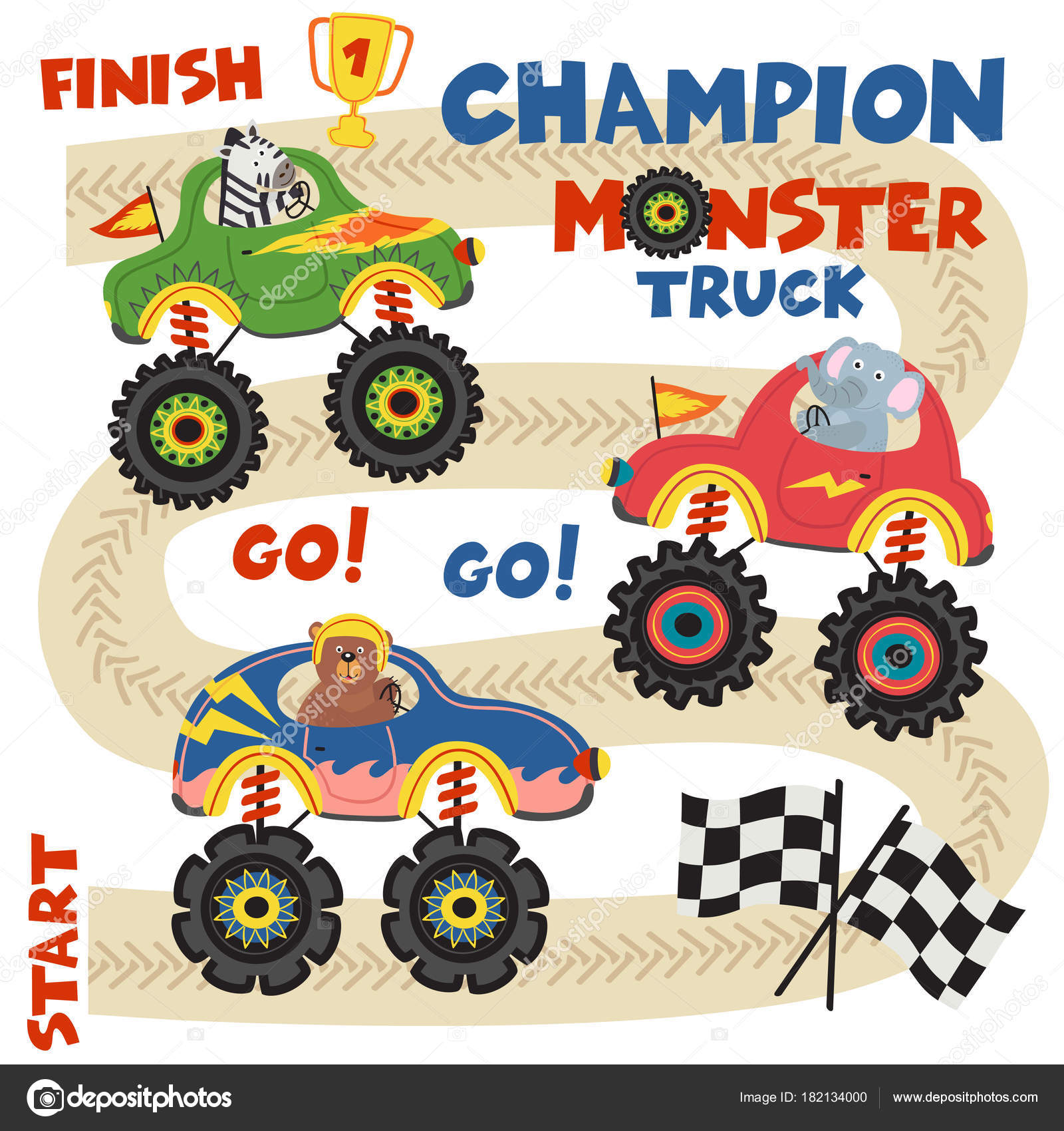 Monster Truck Con Animali Gara Pista Illustrazione Vettoriale Eps — Vettoriale Stock