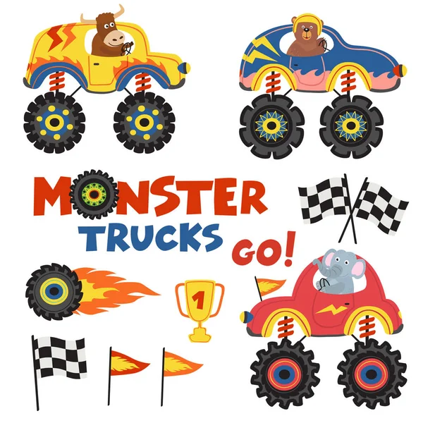 Conjunto Camiones Monstruo Aislados Con Animales Parte Ilustración Vectorial Eps — Archivo Imágenes Vectoriales