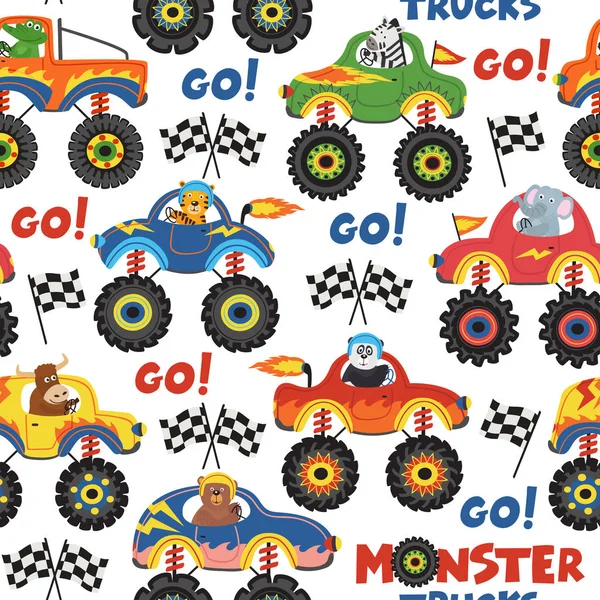 Nahtlose Muster Monstertrucks Mit Tieren Auf Weißem Hintergrund Vektor Illustration — Stockvektor