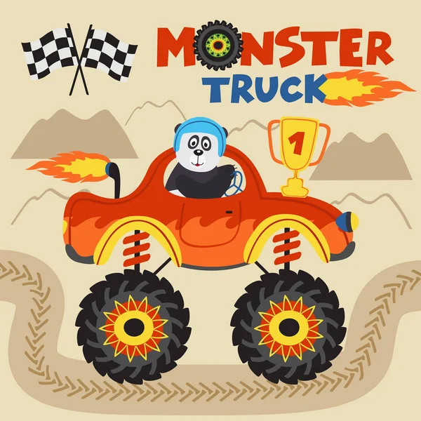 Panda Champion Riding Monster Truck Векторная Иллюстрация Eps — стоковый вектор