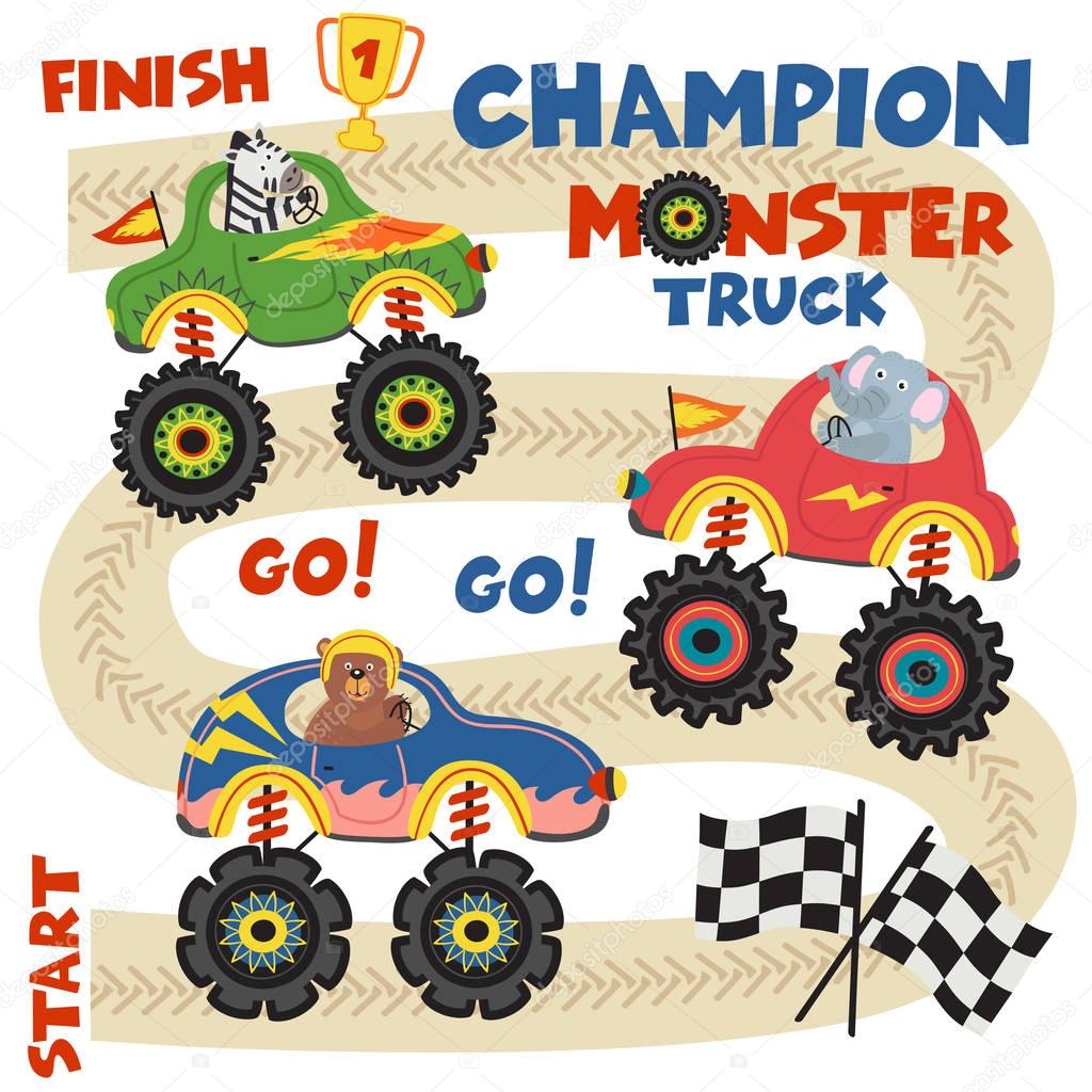 monster trucks with animals on race track - vector illustration, eps