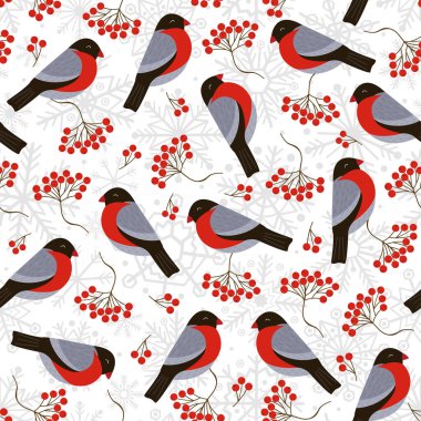 bullfinches ve rowan - vektör çizim, eps ile Seamless Modeli