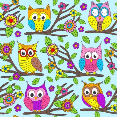 komik baykuşlar dalı - vektör çizim, eps ile Seamless Modeli