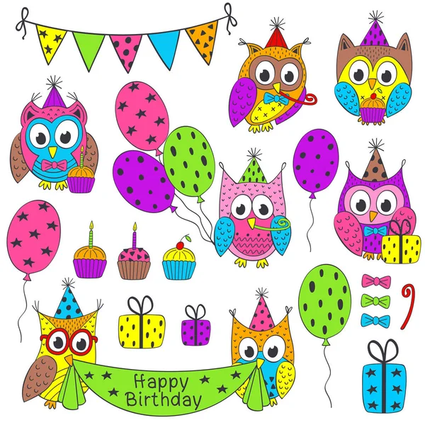 Set Isolated Birthday Party Elements Funny Owls Vector Illustration Eps — Stock Vector