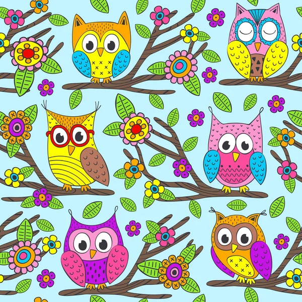 Seamless Pattern Funny Owls Branch Vector Illustration Eps — Stock Vector