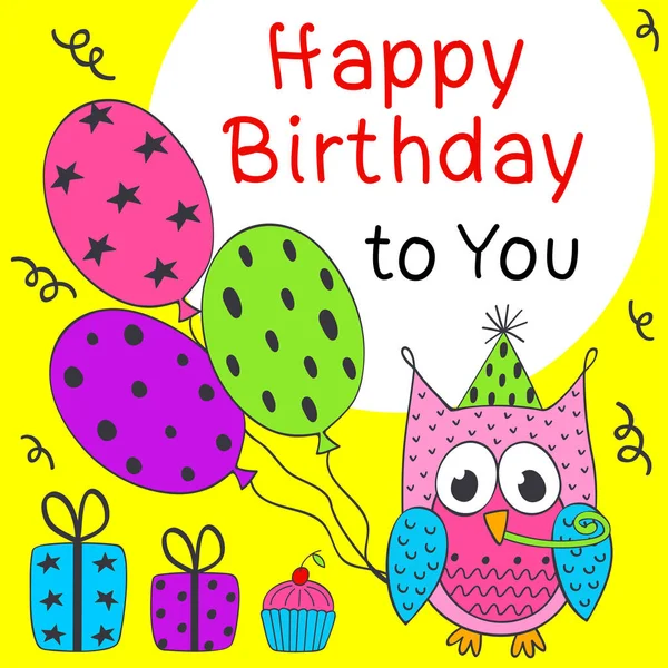 Tarjeta Cumpleaños Feliz Con Divertido Owl Vector Ilustración Eps — Vector de stock