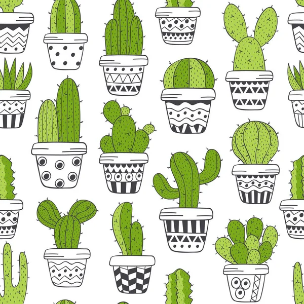 Seamless Pattern Green Cactus Pots Black White Vector Illustration Eps — Stock Vector