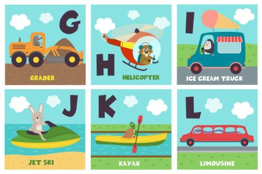 alphabet card with transport and animals G to L - vector illustration, eps clipart