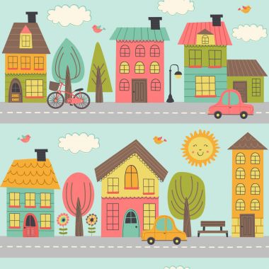 küçük bir kasaba - vektör çizim, eps street ile Seamless Modeli