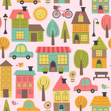 küçük kasaba - vektör çizim, eps ile Seamless Modeli