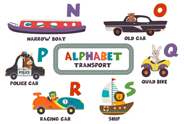 Alfabeto Con Transporte Animales Ilustración Vectorial Eps — Vector de stock