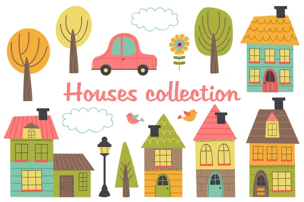 Conjunto Casas Aisladas Otros Elementos Parte Ilustración Vectorial Eps — Vector de stock