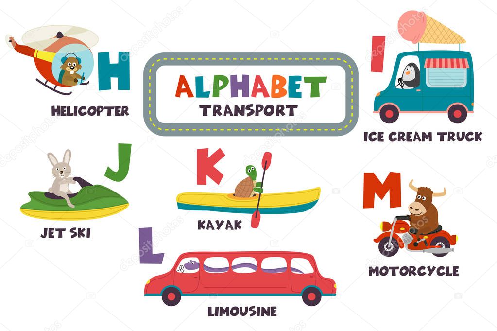 alphabet with transport and animals H to M - vector illustration, eps