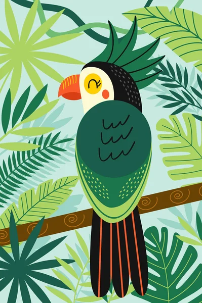 Папуга Гілці Серед Тропічних Рослин Векторні Ілюстрації Eps — стоковий вектор