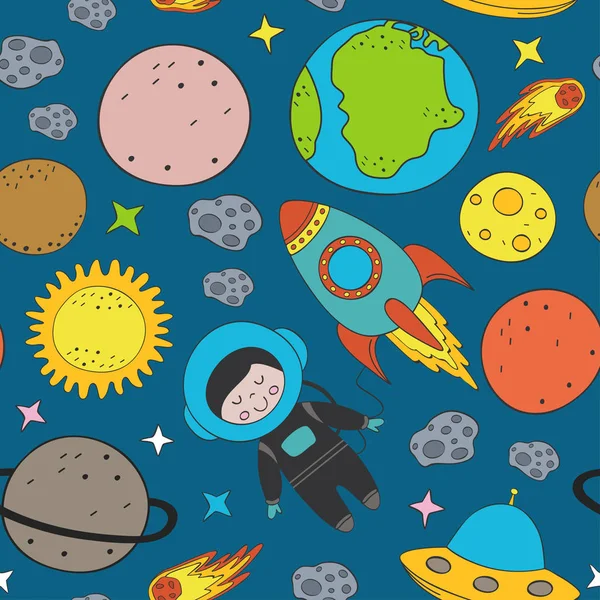 Çocuk Astronot Uzayda Vektör Çizim Eps Ile Seamless Modeli — Stok Vektör