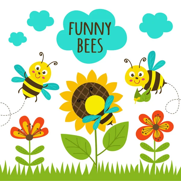 Листівка Смішними Бджолами Векторна Ілюстрація Eps — стоковий вектор