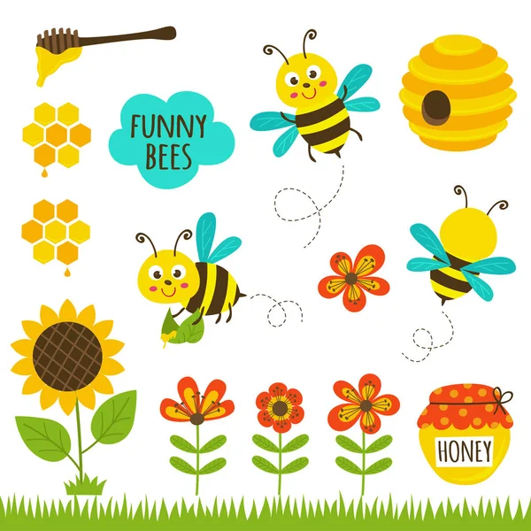 Set Isolierter Lustiger Bienen Und Symbole Vektorillustration Folge — Stockvektor