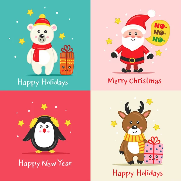 Σετ Χριστουγεννιάτικες Κάρτες Χαριτωμένους Χαρακτήρες Διανυσματική Απεικόνιση Eps — Διανυσματικό Αρχείο