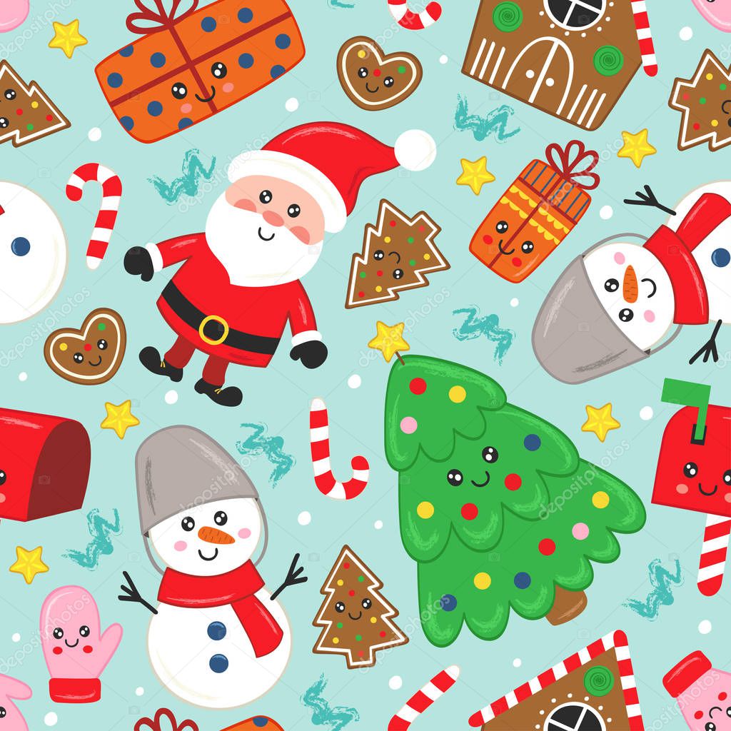 seamless pattern with cute Christmas characters and other elements  - vector illustration, eps    