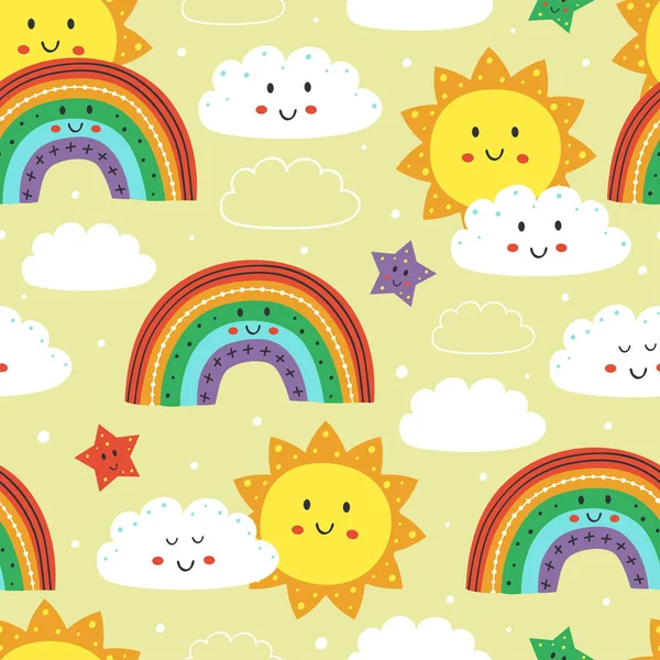 Patrón Sin Costuras Con Sol Lindo Arco Iris Nube Ilustración — Archivo Imágenes Vectoriales