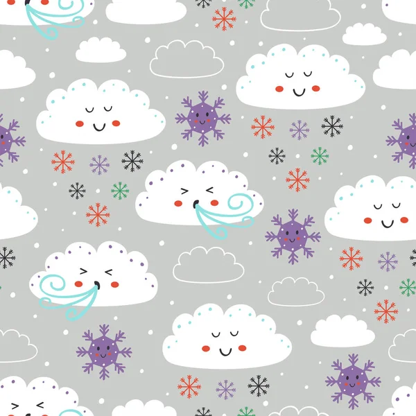 Seamless Pattern Cute Cloud Snowflake Snd Wind Vector Illustration Eps — ストックベクタ