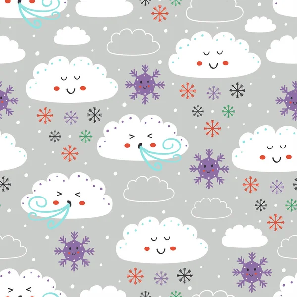 Motif Sans Couture Avec Nuage Mignon Flocon Neige Snd Vent — Image vectorielle