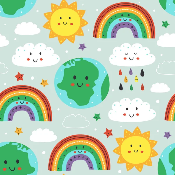Naadloos Patroon Met Schattige Aarde Wolk Regenboog Zon Vector Illustratie — Stockvector