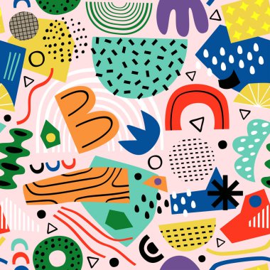 Pembe arkaplanda soyut elementlere sahip kusursuz desen - vektör illüstrasyonu, eps    