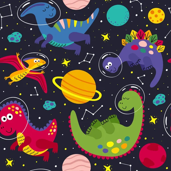 Seamless Pattern Cute Dinosaur Space Vector Illustration Eps — Stock Vector