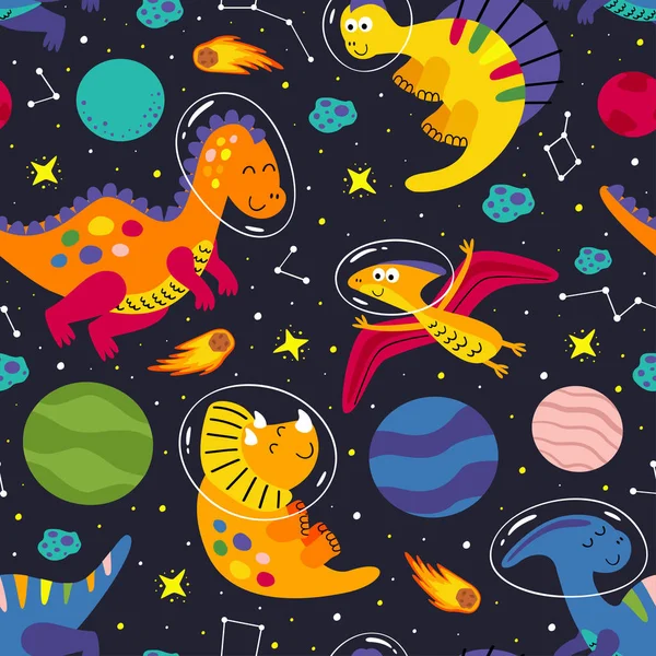 Uzayda Dost Dinozorlar Ile Kusursuz Desen Vektör Çizimi — Stok Vektör