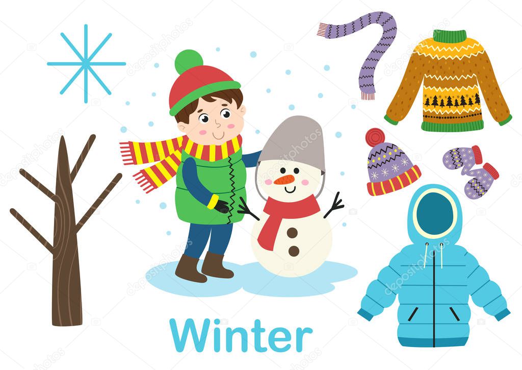 isolated winter set with boy, tree and clothes - vector illustration, eps    