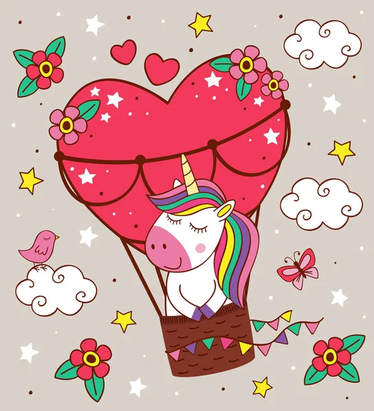 Tarjeta Felicitación Con Unicornio Lindo Está Volando Globo Vector Ilustración — Archivo Imágenes Vectoriales