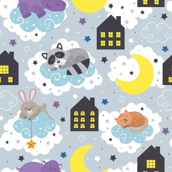 seamless pattern with sleeping animals and night houses - vector illustration, eps    
