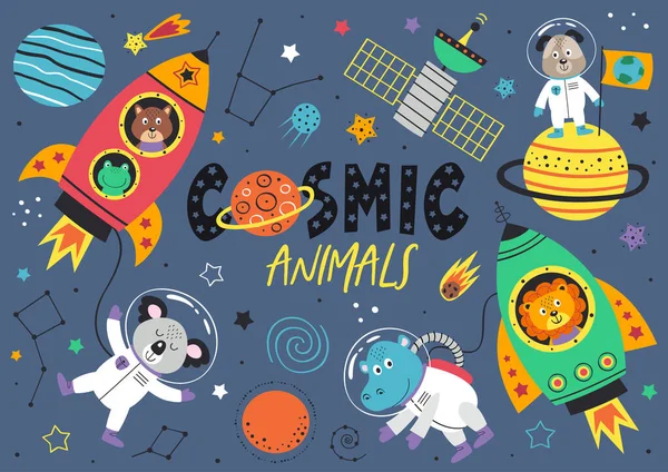 Conjunto Animais Espaciais Cão Leão Hipopótamo Coala Esquilo Espaço Ilustração —  Vetores de Stock