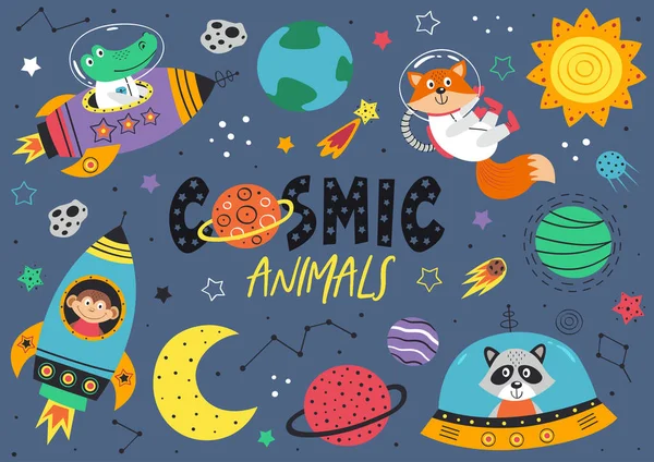 Conjunto Animales Del Espacio Cocodrilo Mono Mapache Zorro Espacio Ilustración — Vector de stock