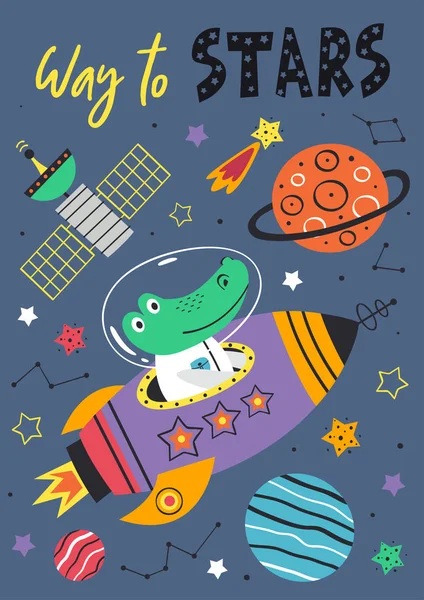 Cartaz Com Crocodilo Espacial Foguete Ilustração Vetorial Eps — Vetor de Stock