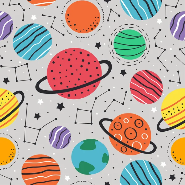 seamless pattern with planets and stars on gray background - vector illustration, eps    