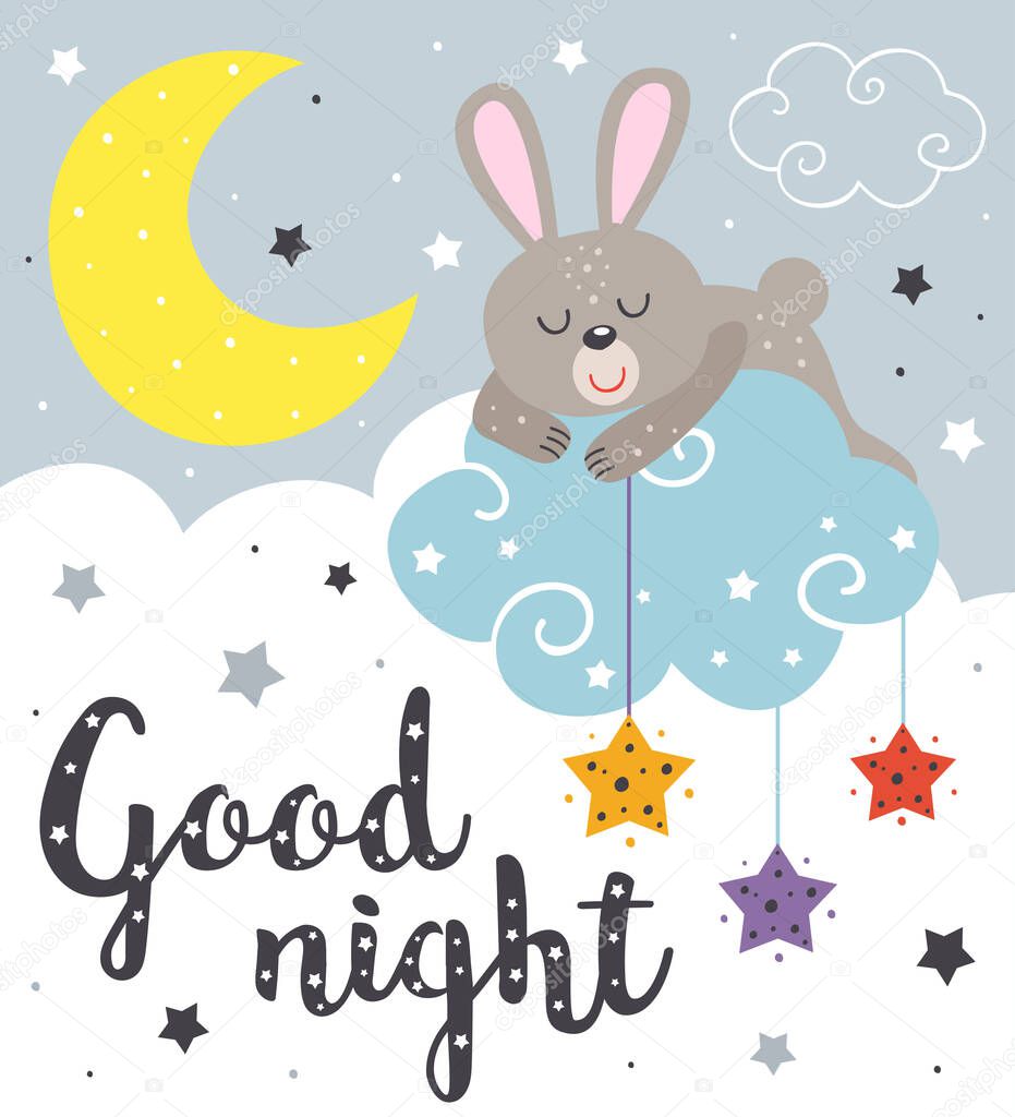 poster with a sleeping rabbit - vector illustration, eps    