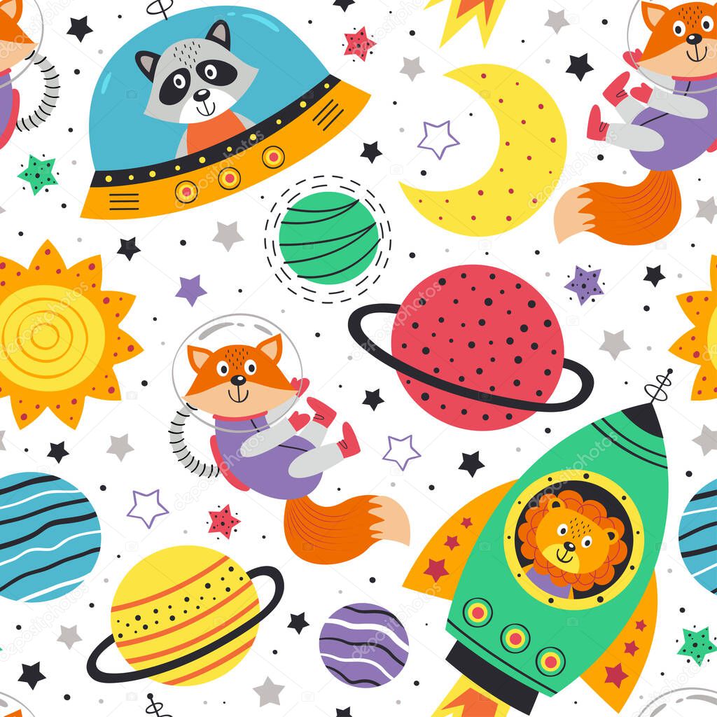 seamless pattern with space animals on white background. Lion,fox,raccoon in space - vector illustration, eps    