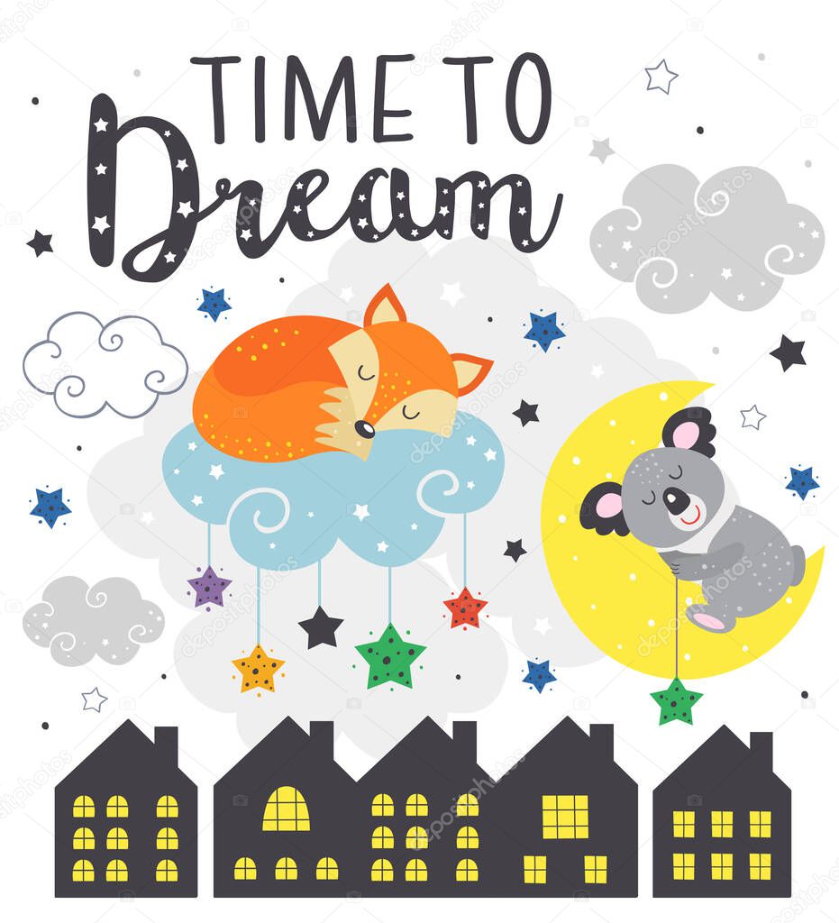 poster with  sleeping fox and koala - vector illustration, eps    