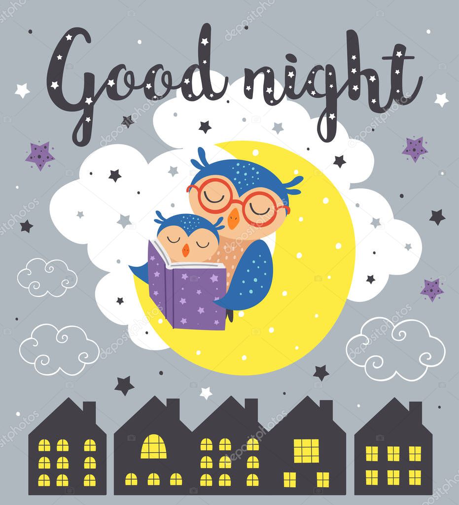 poster with a sleeping owls mother and baby - vector illustration, eps