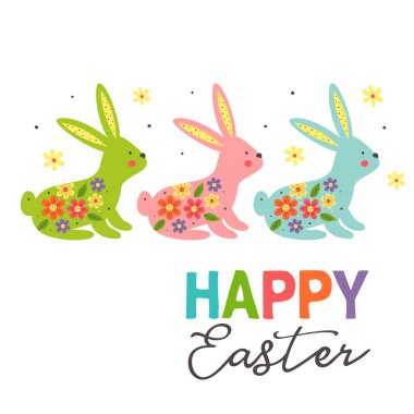 Beyaz arkaplanda üç renkli Paskalya tavşanı olan tebrik kartı - vektör illüstrasyonu, eps    